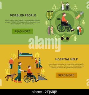 Deux bandeaux horizontaux plats pour personnes handicapées avec aide à l'hôpital et les descriptions de personnes handicapées illustration vectorielle Illustration de Vecteur