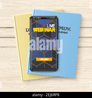 Modèle vectoriel pour les annonces de webinaires en direct. Smartphone avec application pour la diffusion en continu et bouton rejoindre à l'écran. Livres et téléphone sur table en bois. Illustration de Vecteur