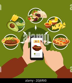 Composition mexicaine d'achat de nourriture en ligne sur fond vert avec smartphone dans les mains, illustrations vectorielles de plats traditionnels Illustration de Vecteur