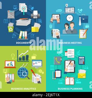 Ensemble de composition de quatre carrés d'articles commerciaux contenant des documents pour les réunions d'affaires illustration vectorielle des descriptions d'analyse et de planification Illustration de Vecteur