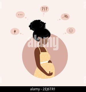 Triste femme enceinte doute. Une jeune fille africaine inquiète a de nombreuses questions. La jeune mère a besoin d'aide psychologique. Soutien familial et aide à la grossesse Illustration de Vecteur