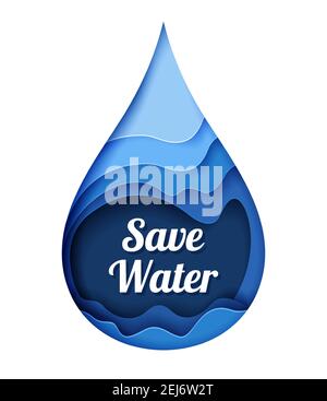Goutte d'eau bleue de style artisanal coupée en papier avec inscription Save Water, illustration vectorielle isolée. Conservation de l'eau. Illustration de Vecteur