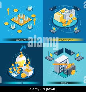 Concept de conception isométrique avec crypto-monnaie, blockchain, ico et mines isolées sur fond bleu illustration vectorielle Illustration de Vecteur