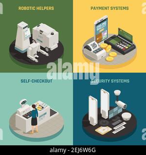 Robots d'aide commerciaux dans les magasins supermarchés supermarchés 4 icônes isométriques concept avec illustration du scénario de paiement en caisse libre-service Illustration de Vecteur