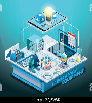 Équipement de laboratoire composition isométrique sur fond de gradient avec flacons, ordinateur portable, microscope, médicaments, illustration du vecteur de livre Illustration de Vecteur