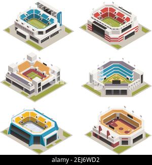 Les plus grandes compétitions sportives de renommée mondiale stades arénas et terrain de basket-ball les icônes isométriques des bâtiments définissent l'illustration vectorielle isolée Illustration de Vecteur