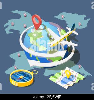 Planification de déplacement de composition isométrique avec des marqueurs de position sur le globe et boussole de carte et avion volant autour de la terre illustration du vecteur Illustration de Vecteur
