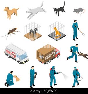 Le service de contrôle des animaux, la capture de chiens et de chats errants, la lutte avec les parasites isométriques ensemble illustration de vecteur isolé Illustration de Vecteur