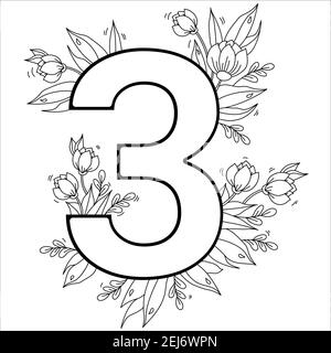 Fleur numéro trois. Motif décoratif 3 avec fleurs, tulipes, bourgeons et feuilles. Illustration vectorielle isolée sur fond blanc. Ligne, contour Illustration de Vecteur