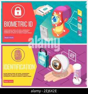 Bannières horizontales biométriques avec reconnaissance de la rétine, contrôle d'accès par géométrie faciale et illustration vectorielle isolée par empreinte digitale Illustration de Vecteur