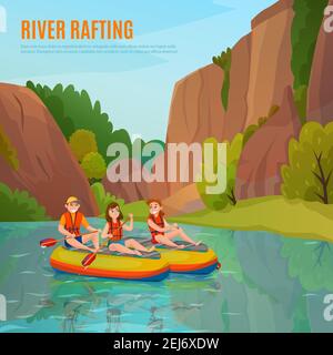 Rafting en rivière composition de personnes avec des personnages humains de style dessin animé et paysage de montagne avec illustration vectorielle de texte modifiable Illustration de Vecteur