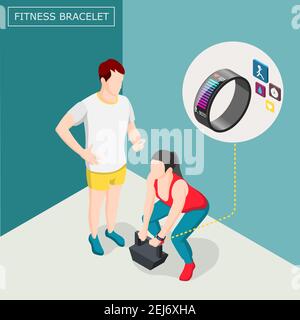 Arrière-plan isométrique avec une femme athlète dans un bracelet de forme physique pendant l'haltérophilie entraînement avec illustration du vecteur d'entraînement Illustration de Vecteur