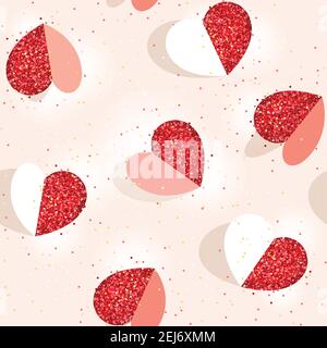 motif sans couture avec coeurs rouges brillants pour la saint-valentin, forme de coeur coupée en papier, bonbons épars sur le fond Illustration de Vecteur