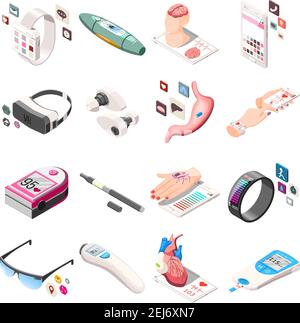 Appareils électroniques portables en médecine et dans la vie, y compris casque vr, cassette, bracelet fitness icônes isométriques illustration vectorielle isolée Illustration de Vecteur