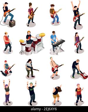 Rock stars ensemble de personnes isométriques avec des instruments de musique comprenant batterie, synthétiseur, guitares illustration vectorielle isolée Illustration de Vecteur