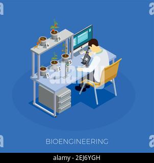 Composition isométrique bio-ingénierie de GMO sur fond bleu avec le scientifique pendant le travail avec des échantillons de tomate illustration vectorielle Illustration de Vecteur