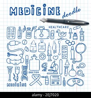 Affiche de doodle médicale avec des médicaments, des tubes à essai et un thermomètre. Grande mise en place de la pharmacie. Modèle pour une publicité, des modèles ou un consultant médical à distance Illustration de Vecteur