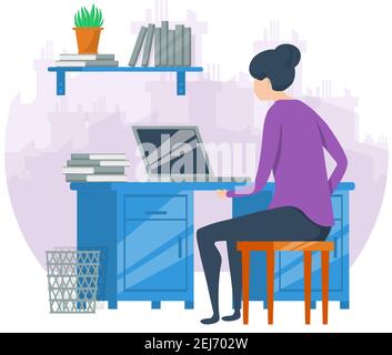 Concept de travail à domicile de style vectoriel plat. Femme assise au bureau travaillant sur l'ordinateur de son. Illustration de Vecteur