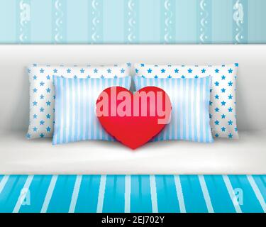 Oreillers placés sur le lit par tête de lit composition réaliste avec rayures illustration du vecteur de coussin en forme de coeur et de couvre-lit Illustration de Vecteur