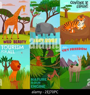 Jeu de cartes de couleur de dessin animé avec des animaux sauvages exotiques vies illustration vectorielle dans la jungle et les tropiques Illustration de Vecteur