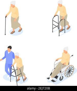 Groupe de femmes âgées avec bâton de marche, marcheur et fauteuil roulant isolé sur un fond blanc. Retraite, soins aux personnes âgées. Isome vectoriel plat Illustration de Vecteur