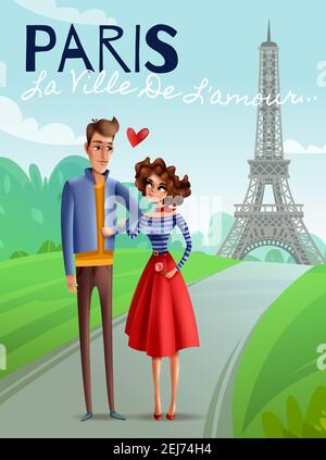 Paris comme ville de l'amour affiche de bande dessinée avec jeune couple illustration vectorielle d'arrière-plan de la tour eiffel Illustration de Vecteur