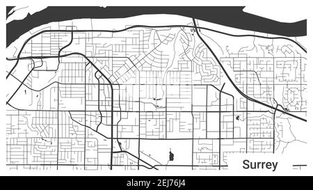 Carte de Surrey, Colombie-Britannique, Canada. Carte d'arrière-plan horizontale affiche terre, rues et rivières en noir et blanc. 1920 1080 proportions. Royalte Illustration de Vecteur