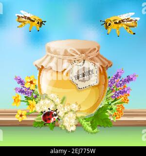 Les abeilles volantes et le coléoptère des coccinelles à la lavande et au miel de linden jar composition réaliste avec illustration de vecteur d'insectes Illustration de Vecteur