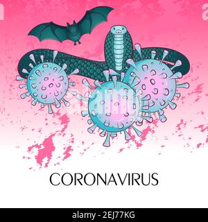 Concept médical pandémique avec cellules dangereuses et porteurs d'infection de chauve-souris et de serpent. Illustration vectorielle. Arrêter le coronavirus. Danger et risque pour la santé publique maladie et épidémie de grippe. Illustration de Vecteur