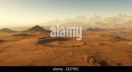 Coucher de soleil sur Mars, paysage martien. Illustration 3D Banque D'Images