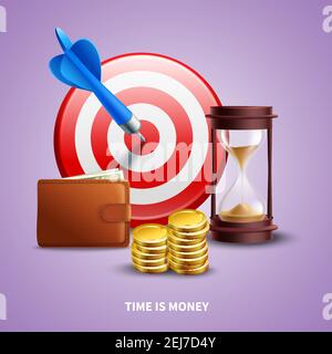 Business Realistic concept avec portefeuille sablier pièces de monnaie et cible vecteur illustration Illustration de Vecteur