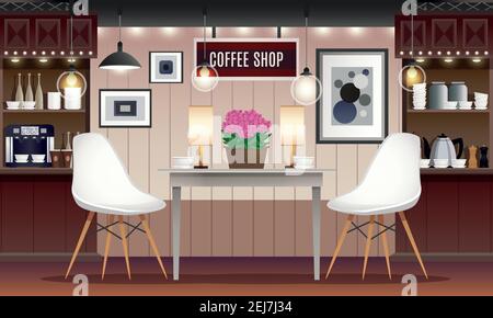 Café restaurant café bar intérieur avec éclairage des étagères à vin illustration vectorielle isolée de mobilier Illustration de Vecteur