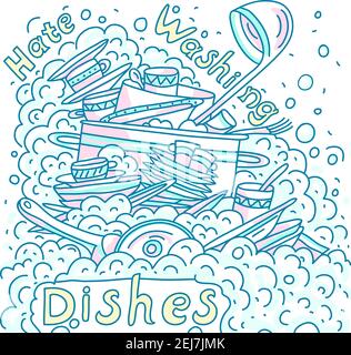 Évier avec vaisselle sale, illustration vectorielle. Lavage et nettoyage, lave-vaisselle Illustration de Vecteur