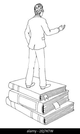 Homme intelligent debout sur une pile de livres et de montrer graphique isolé à la main noir blanc esquisse vecteur d'illustration Illustration de Vecteur