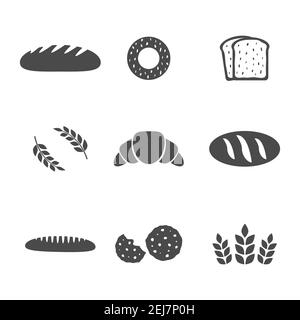 Ensemble d'icônes de pain. Collection Silhouette de produits de boulangerie. Illustration de nourriture vectorielle isolée sur blanc Illustration de Vecteur