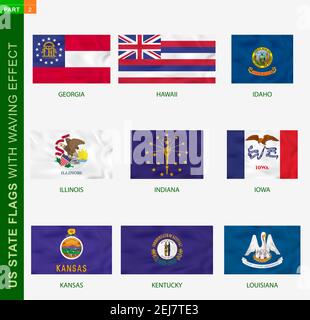Ensemble de drapeaux d'état américains avec effet de tissage, drapeau national avec texture. DRAPEAU vecteur États-UNIS de la Géorgie, Hawaï, Idaho, Illinois, Indiana, Iowa, Kansas Illustration de Vecteur