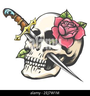 Tatouage coloré du crâne avec fleur de rose et Dagger isolé sur blanc. Illustration vectorielle. Illustration de Vecteur