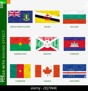 Ensemble de drapeaux avec effet de tissage, drapeau national avec texture. Drapeau vectoriel des îles Vierges britanniques, Brunei, Bulgarie, Burkina Faso, Burundi, Cambodge, Illustration de Vecteur