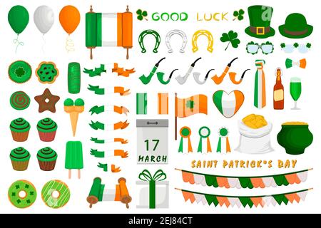 Illustration de vacances irlandaises le jour de St Patrick, pièces d'or en pot. Grand ensemble Irish St Patrick Day composé de pot de pièces d'or, de chapeaux verts, beaucoup plus. Pot Illustration de Vecteur