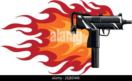 Illustration vectorielle d'un pistolet uzi avec des flammes Illustration de Vecteur