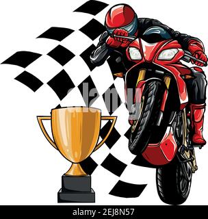 Coureurs sur moto sportive avec coupe et drapeau de course Illustration de Vecteur