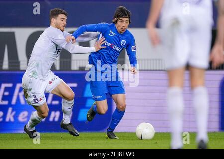 GENK, BELGIQUE - FÉVRIER 21 : Pierre Bourdin de Beerschot va et Junya Ito de KRC Genk pendant le match Jupiler Pro League entre KRC Genk et Beersch Banque D'Images