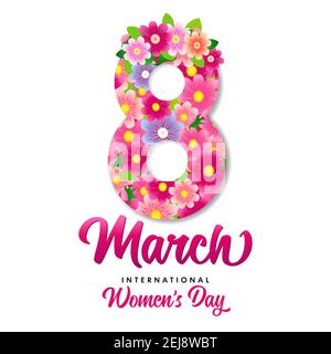 8 mars, Journée internationale de la femme, belles fleurs et lettrage élégant. Carte de voeux pour la Journée des femmes heureuses avec calligraphie et fleurs dessinées à la main Illustration de Vecteur