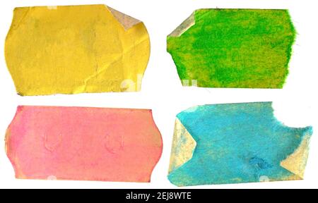 jeu d'autocollants de prix adhésifs vierges, étiquettes de prix multicolores, avec espace de copie gratuit, isolés sur fond blanc Banque D'Images