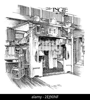 1898 Arts and Crafts décoration intérieure, cheminée à inglenook, ‘conception d’une salle de baccalauréat, par George Montague Ellwood illustration de 1899 The Studi Banque D'Images