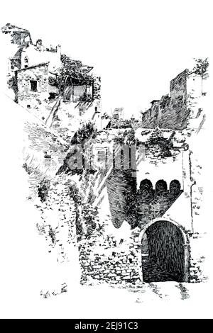 1890 dessin à l'encre et au stylo Old Saracenic Gate, la Pigna, San Remo, Riviera italienne, par l'artiste américain William Thomson de 1899 The Studio an Illustra Banque D'Images