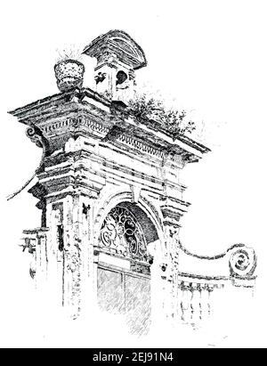 1890 croquis de plume et d'encre Old Gateway San Remo, Riviera italienne, par l'artiste américain William Thomson de 1899 The Studio an Illustrated Magazine of Fin Banque D'Images