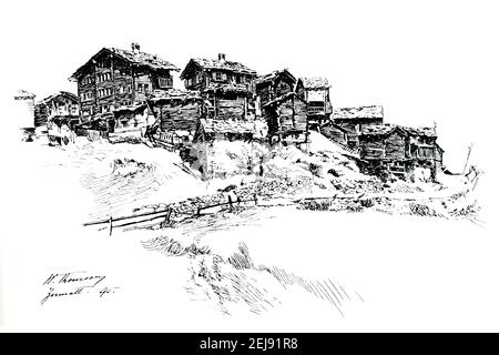 1895 croquis à la plume et à l'encre de Zermatt, Suisse, par l'artiste américain William Thomson de 1899 The Studio an Illustrated Magazine of Fine and Applied A Banque D'Images