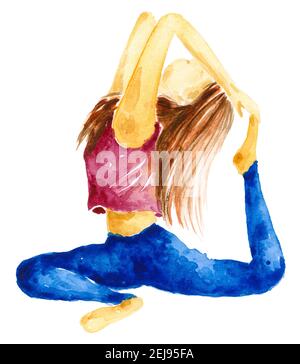 Jeune femme faisant du yoga sur fond blanc. Aquarelle peinte à la main. Banque D'Images