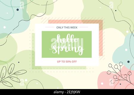 Bannière Hello Spring avec lettres et formes abstraites. Illustration vectorielle mignonne dessinée à la main, modèle de bannière Illustration de Vecteur